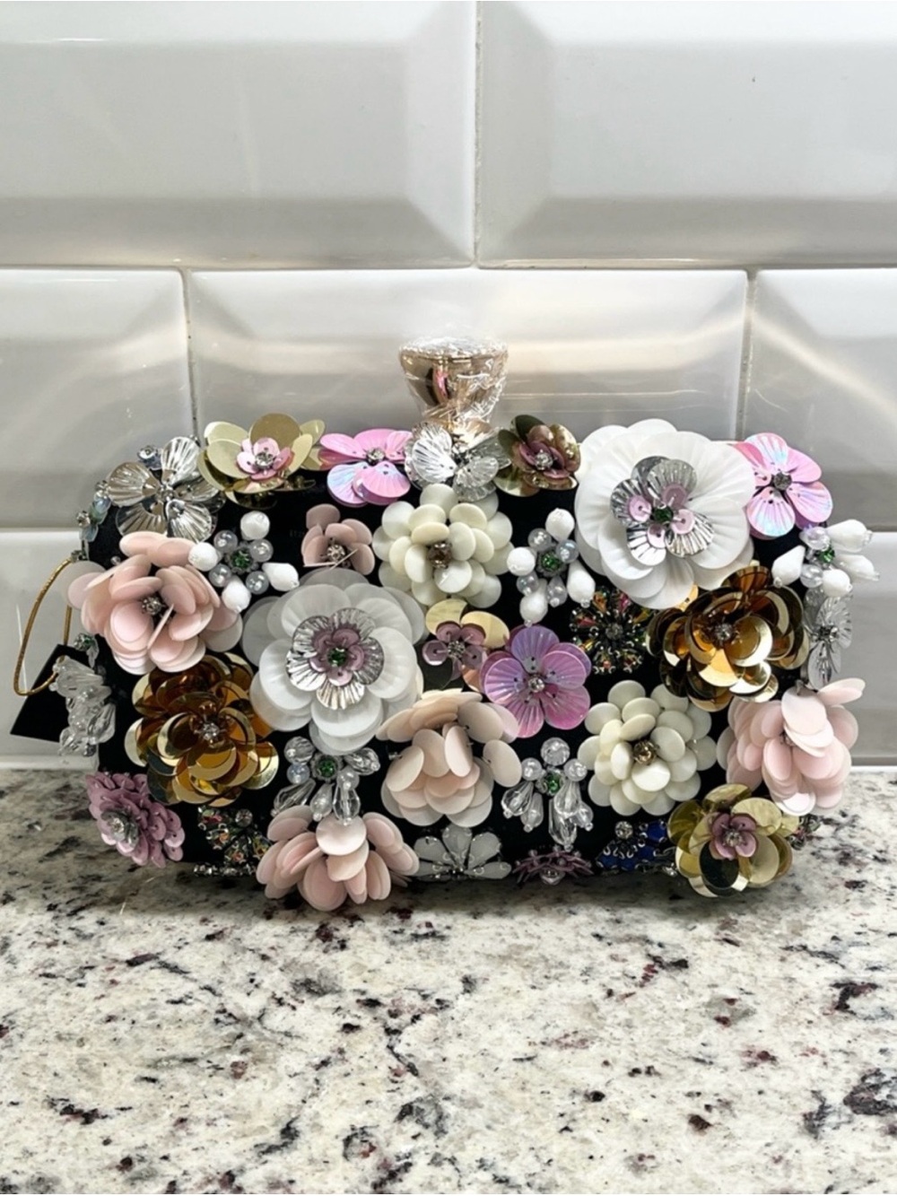 Bebe Embellished Floral Evening Clutch - Black with Pink, White & Gold Flowers